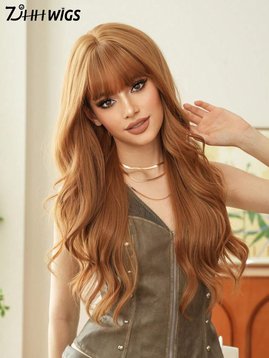7JHH WIGS Loose Long Wavy Caramel Brown Wig With Bangs 26 Inch Copper Brown Hair Synthetic Curly Wave Wig Full Machine High Density Synthetic Heat Resistant Wigs For Women Daily Wear, Music Festival Cosplay Use