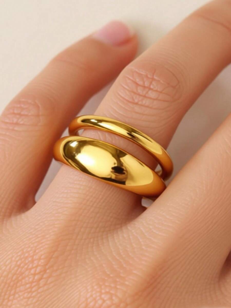 1 pieza Anillo doble grueso minimalista para mujer, chapado en oro de 18K, de acero inoxidable con diseño geométrico abierto, regalo de joyería para boda o Navidad - Multicolor - Ver 1