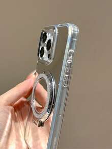 1PC Light Luxury Premium Round Glitter Kickstand Phone Case, Compatible With 11/12/13/14/15/16 Pro/17 Pro Max, Electroplated Mirror Full-Body Protective Case, Valentine's Day Gift - Silver - View 7