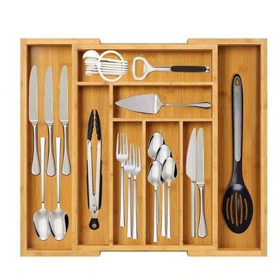 Uitbreidbare bamboe bestekorganizer / Opbergdoos met meerdere vakken / Keukenbestek- en messenbak