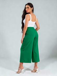 Women's Linen Capri Midi Pantacourt Trousers With Buttons, Wide Leg, Flare, High Waist, Casual Style - 綠色 - 查看 2