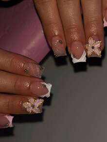 10片粉色镶边3D雕刻短方甲片，Y2K法式美甲裸粉色百搭手工美甲配件，配金色珠子，适合日常佩戴，按压式美甲贴片，手工按压式美甲 - 粉色 - 查看 4