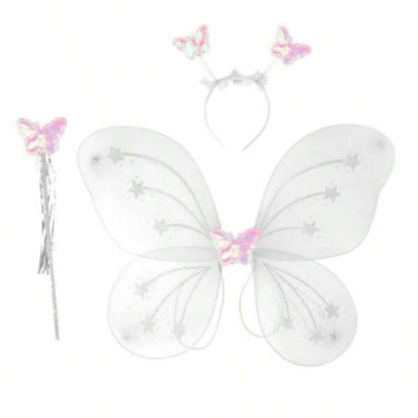 Kit Fantasia Infantil de Fada com Asa de Borboleta, Tiara e Varinha Carnaval Festas