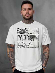 Men's T-Shirt, 100% Cotton, Palms Print - 白色 - 查看 1