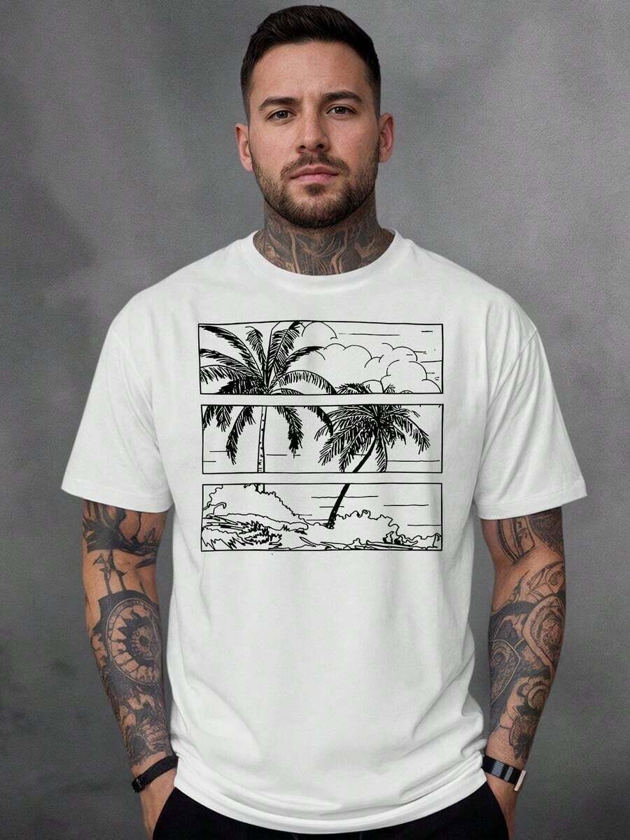 Men's T-Shirt, 100% Cotton, Palms Print - 白色 - 查看 1