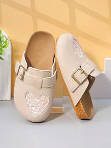 1 Pair Girls' Beige Suede Sparkling Diamond Heart Pattern Mule Shoes, Closed Flat, Comfortable & Cute, Casual Everyday Wear - Beige - View 3