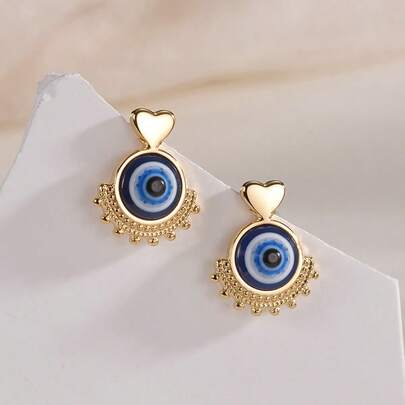 1 par de pendientes con colgante de ojo azul del diablo y corazón, diseño clásico de joyería de ojo con estilo europeo y americano único