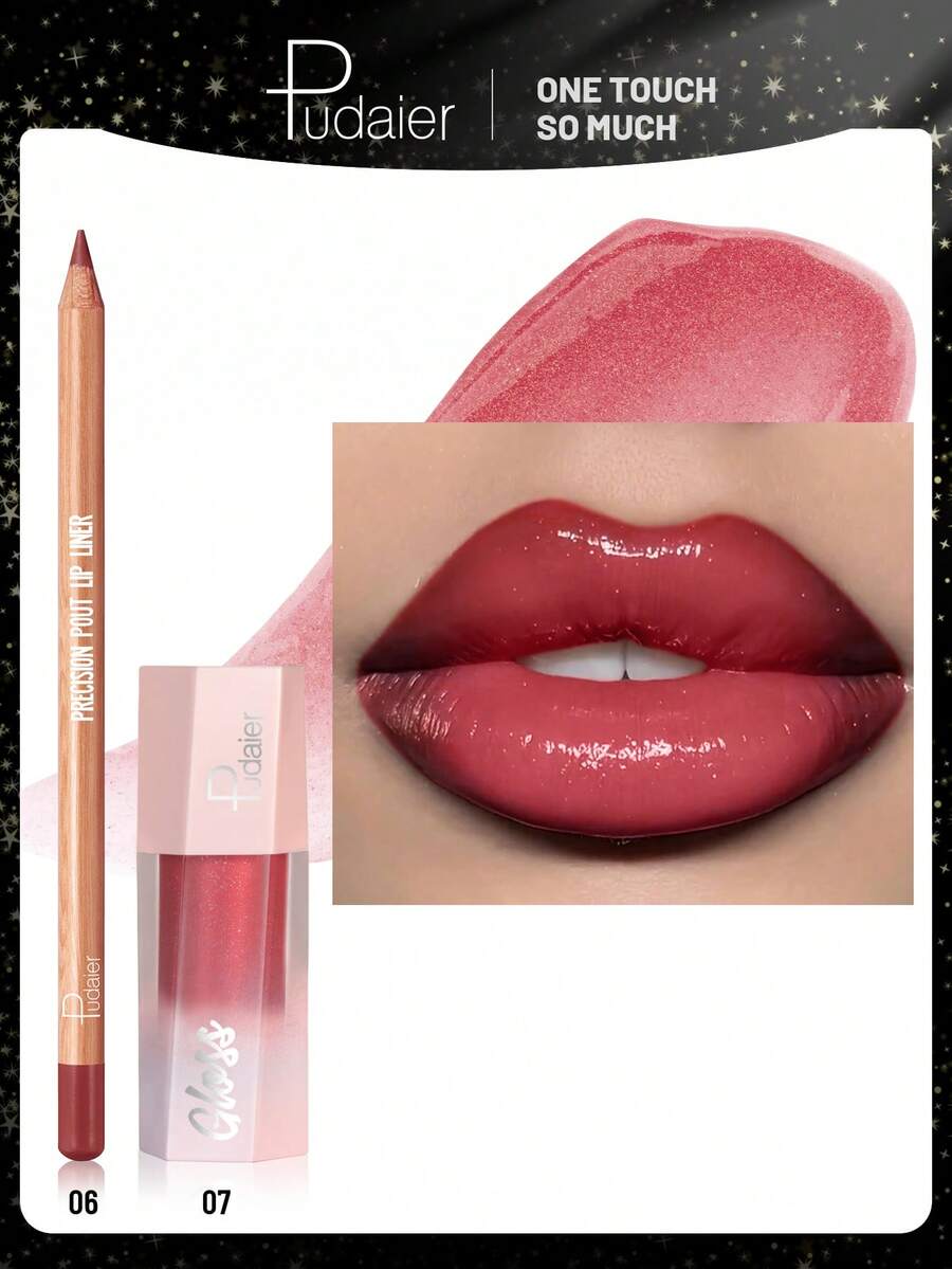 Pudaier 2pcs Valentine's Day Lip Gift Set: Includes Lip Liner Pencil And Lip Gloss, Suitable For All Skin Tones - 06+07 - View 1