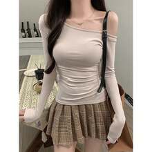 Camiseta de manga larga para mujer, corte entallado, diseño cruzado con hombros descubiertos, cintura fruncida, primavera, verano, color puro, poliéster, Spa... - Cuello oblicuo plisado de manga larga - Negro - Ver 8