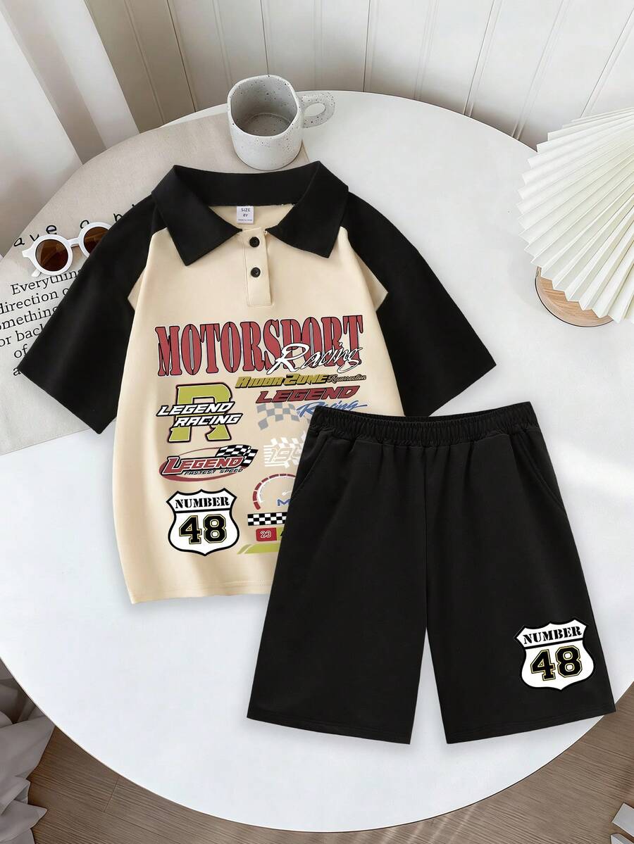 青少年男孩赛车风格设计印花Polo衫+赛车号码“48”标志图案工装裤 男孩夏季新款套装 - 彩色 - 查看 1