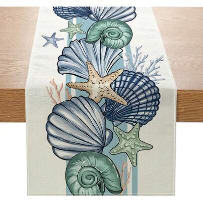 1件夏季贝壳主题桌布，海洋风桌旗，聚酯纤维材质，适用于餐桌中心装饰、厨房、餐厅、派对和节日家居装饰