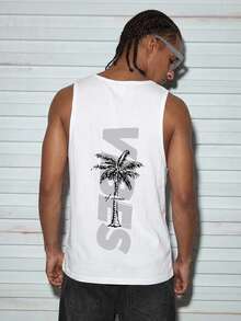 Modcrash Men's Summer Casual Letter & Palm Tree Print Round Neck Tank Top Spring To Summer - White - View 1
