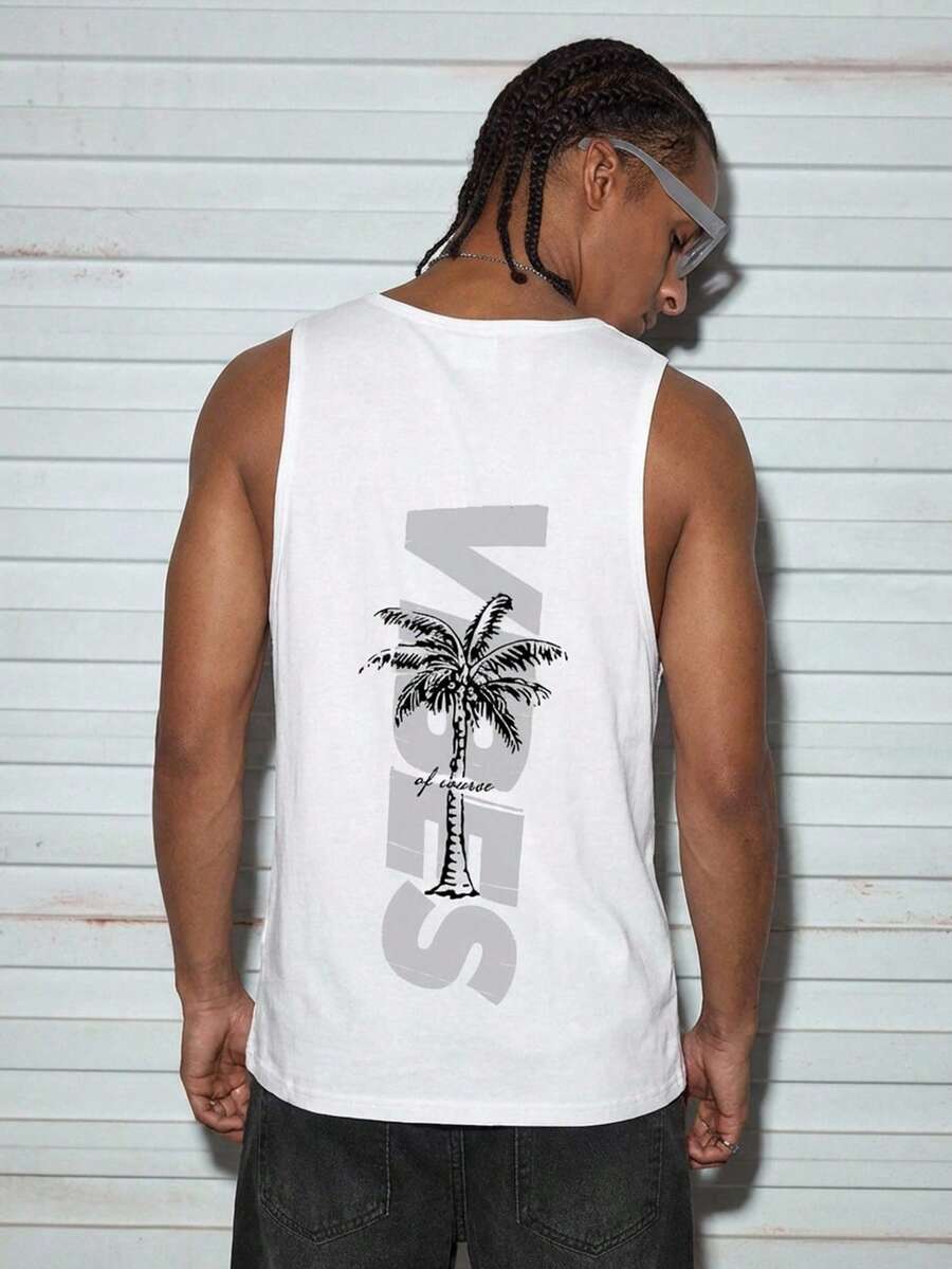 Modcrash Men's Summer Casual Letter & Palm Tree Print Round Neck Tank Top Spring To Summer - White - View 1