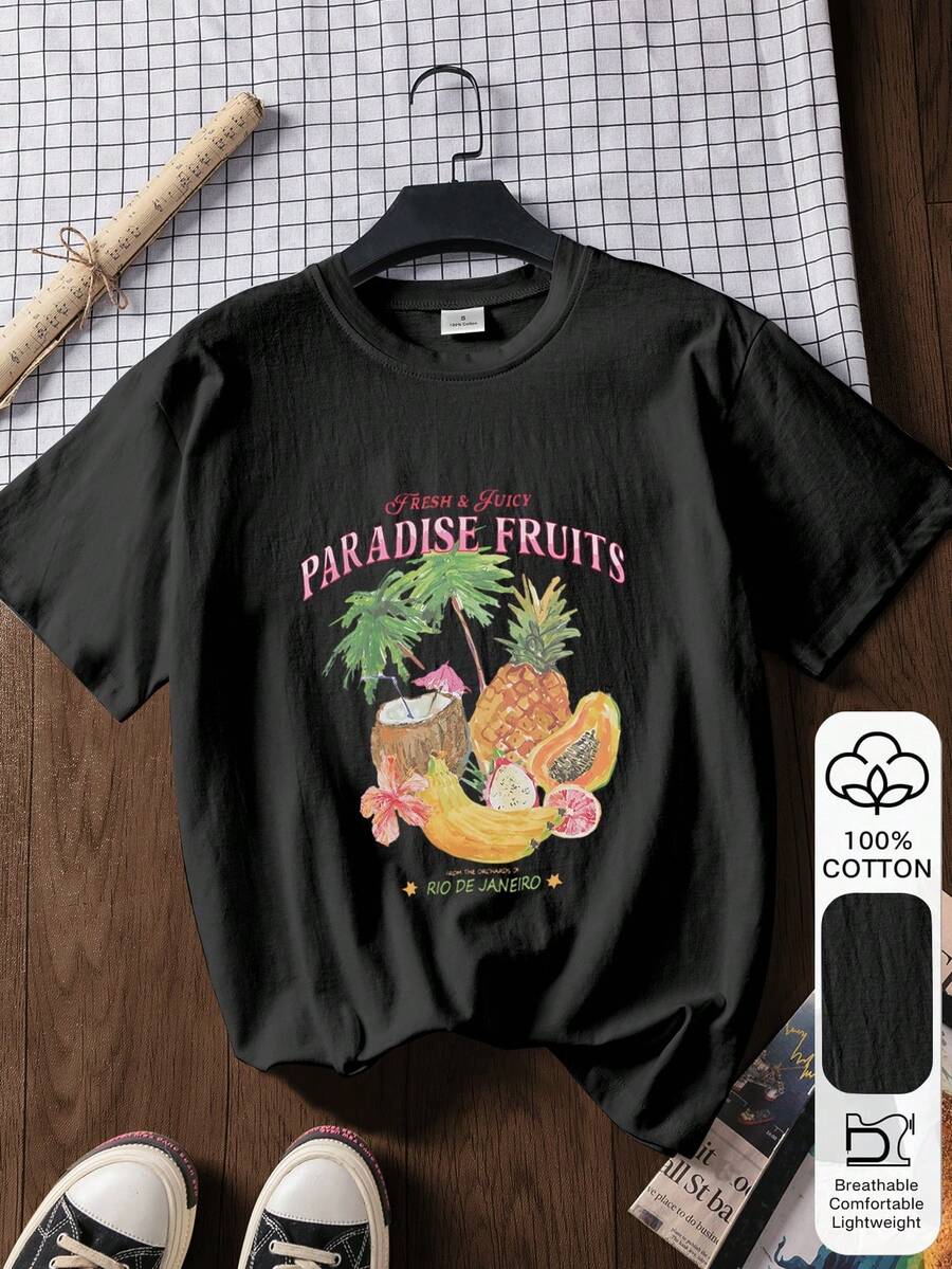 西部牛仔風仙人掌印花夏季女款休閒時尚100%純棉短袖上衣，圖案上衣，柔軟面料