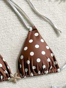 两件套咖啡色波点印花性感优雅比基尼套装，女士休闲泳装，适合约会、派对、夏季、度假、海滩、夜生活等场合。 - 棕色 - 查看 4