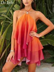 Da Jade Đầm ngắn nữ gợi cảm và thanh lịch màu cam hồng ombre bằng chiffon, dây mảnh, xếp lớp, viền bèo nhún, kèm ghim cài hoa, thích hợp cho kỳ nghỉ biển, tiệc nhiệt đới, bữa brunch ngày Valentine, trang phục ngoài trời. - trái cam - Xem 1