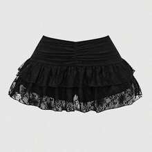 Women's Lace Ruffle Hem Gathered Waist Mini Skirt, Cute Cake Skirt Style, Suitable For Party, Outing, Club - Black - View 2