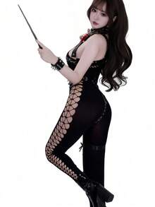 1pc Sexy Lingerie Fishnet Jumpsuit, Side Hollow Sheer Shoulder Jumpsuit, Tight Fitting Bodycon Pants, Alluring Office Temptation, Minimalist Sexy Cosplay For Party, Photo Shoot, Role Play Black - Black - View 4