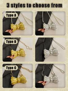 Bowknot Mini Evening Bag For Women, Acrylic Bow-Shaped Crossbody Chain Bag, Metallic Gold Lipstick Bag, Women's Stylish Lipstick Holder Shoulder Crossbody Bag, Suitable For Party, Date, Decorative Clutch, Coin Purse, Silver, Gold Earphone Case - 彩色 - 查看 6