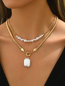 2pcs/Set Elegant Faux Pearl & Gold Chain Necklace Set, Minimalist Jewelry Layering Necklace Suitable For Daily Wear And Casual Outings - Gold - View 1