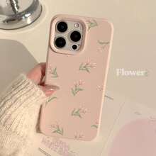 粉色郁金香花束春季郁金香软壳手机壳，适用于 16、17、15 Pro Max、14，可爱、优雅、甜美、少女、清新、小众、柔美、ins风 - 豆粉色素 - 查看 2