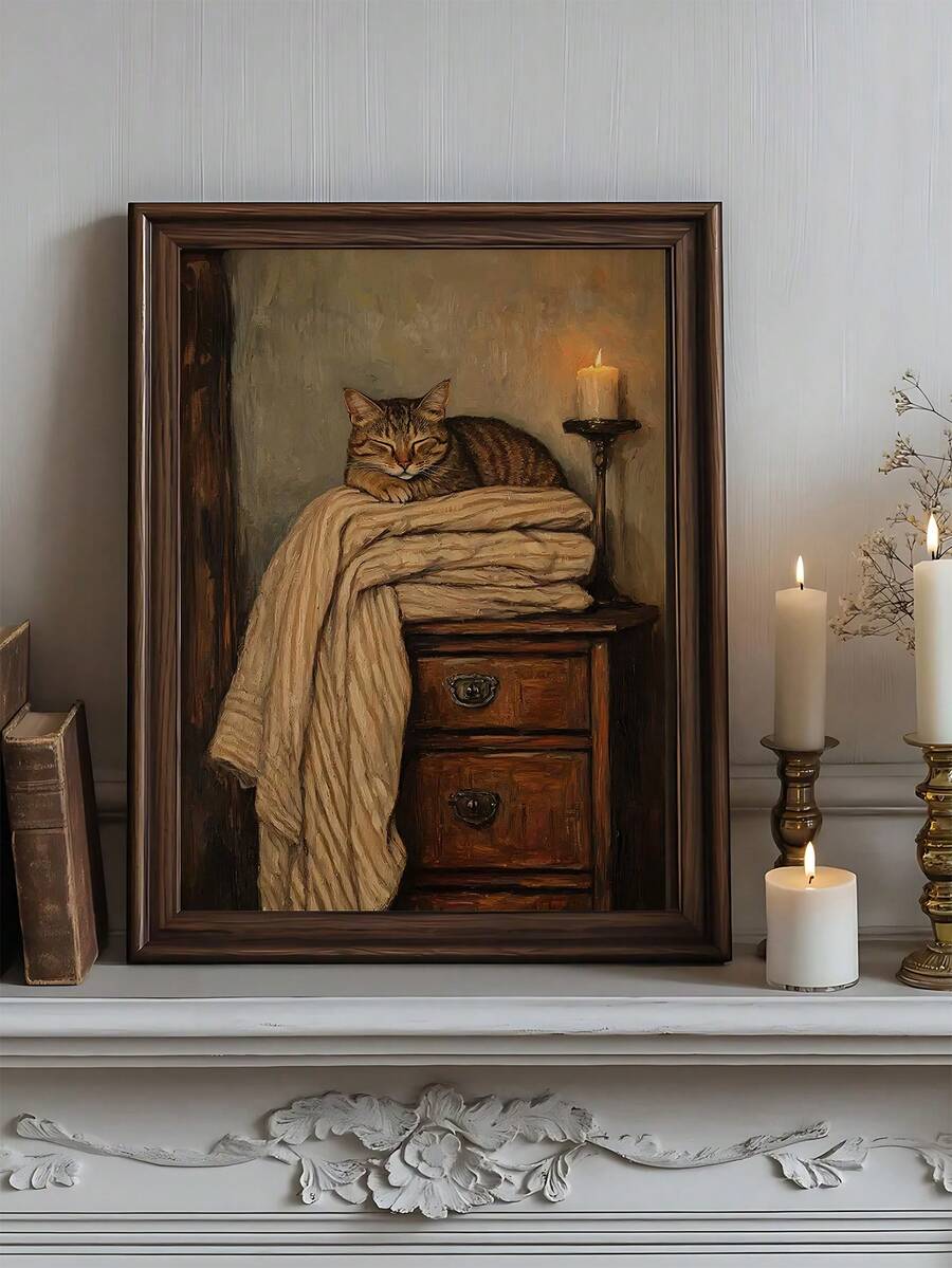 1幅瞌睡虎斑猫油画,复古乡村维多利亚风格印刷品,送给朋友的理想礼物,卧室艺术画,客厅装饰,办公室装饰,厨房装饰,浴室装饰,墙面艺术,墙面装饰,家居装饰,房间装饰,帆布墙画,海报,带框墙画,可选画框 - B - 查看 1