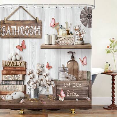 1pc Retro Plant Decoration Shower CurtainWooden Panel Decoration Shower Curtain, Perfect For Bathroom Decoration, Universal Room Decoration, Home Decoration Set, Bathroom Accessories Bath Curtain