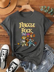 Women's Fraggle Rock Cartoon Character Print Short Sleeve Vintage Crewneck Soft Stretch T-Shirt Valentine's Day Summer - 深灰色 - 查看 7
