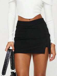 1 Pc Women's Y2K Mini Casual High Slit Sexy Stretchy Bodycon Mini Skirt – Low-Rise Fitted Micro Skirt, Versatile Retro-Inspired Bottom For Females, Ideal For Daily Wear, Date Nights, Valentine's Day, Street Style, Parties, Clubbing, Viral Bestselling Must-Have, Perfect Gifts For Girlfriends, Friends & Colleagues - 黑色 - 查看 5