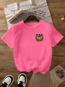 Áo thun ngắn tay cổ tròn in hình hoạt hình bé gái và ngựa dành cho bé gái tuổi teen, chất liệu mềm mại, thoải mái và thời trang, phù hợp cho du lịch, tiệc tùng, đi học, nghỉ mát, mua sắm. - Màu Hồng Tươi - Xem 2