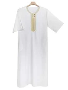 Bata bordada para hombres, Gandoura de unicolor para hombres, Bata tradicional Gandoura para hombres con bolsillos - Blanco - Ver 2