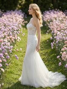 YOUKEFEIER New Strapless Mermaid Wedding Dress With Sheer Mesh, Waist Cinching Design And Train, Suitable For Bridal Ceremony/Reception - Beige - View 8