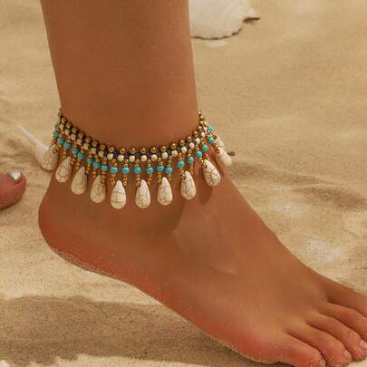  1 件波西米亚风格绿松石串珠编织脚链，带有彩色魅力，适合女性日常和节日穿着，尤其适合夏季（手工泪珠石排列随机）