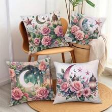 4pcs Blessing Gold Moon Castle Decorative Throw Pillow Cover Set, Holiday Printed - Flowers and Moon - View 1