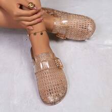 女士果冻鞋，透明水晶包头平底鞋，时尚镂空凉鞋 - 金色 - 查看 5