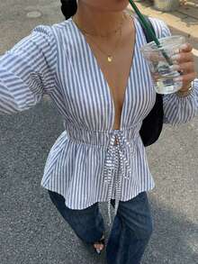 Ins-Fashion Striped Tie-Front Open-Front Shirt For Women - Contrast Cuffed Sleeve, Minimalist Stylish Office Casual Spring Top,Vacation Outfits Women,Blusas Bonitas De Mujer - 藍色 - 查看 4
