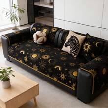 1 件金色彗星雪尼尔沙发靠垫套，太阳、月亮、星星提花图案，适合斋月及所有季节，防刮擦，防尘，适用于客厅、卧室、办公室的 1/2/3/4/5 座沙发和组合沙发。 - 黑色 - 查看 4