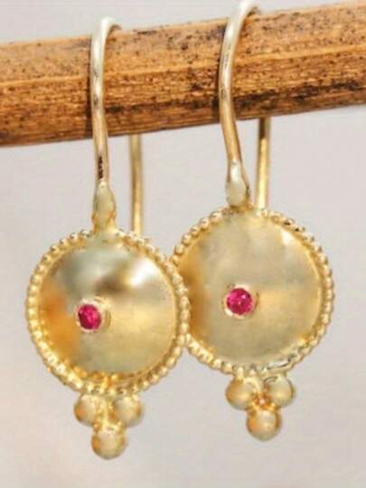 Luxury Vintage Pattern Carved Red Bead Round Pendant Earrings, Handmade Jewelry Suitable For Traveling And Vacationing Women, An Ideal Gift For Mother