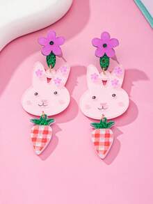 1对时尚复活节亚克力印花耳环，兔子和胡萝卜吊坠耳环，日常佩戴饰品，女士礼物 - 兔蘿蔔 - 查看 5