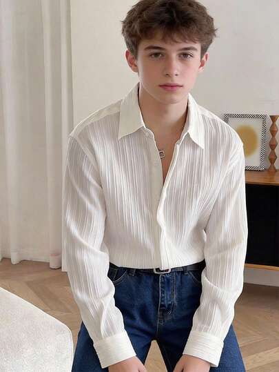 Camisa de manga larga con botones y textura de unicolor para adolescentes varones, estilo minimalista coreano, versátil para ir al trabajo, uso casual, adecuada para cualquier ocasión, favorita entre los chicos