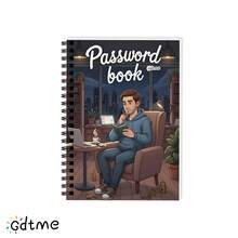 GDTME 1本密码本，双面印刷，双螺旋装订。封面设计描绘了一位男士在舒适的家庭办公室环境中阅读书籍，背景元素包括咖啡、笔记本电脑和绿植，以及“密码本”字样。专为都市居民设计。文具、日记本、笔记本、办公用品。 - ZJ-362男青年密碼記事本(A5) - 查看 2