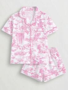 Marira 2pcs Painting Print Women Pajama Set, Short Sleeve Shirt Lapel Button Blouse & Elastic Waist Shorts, Sleepwear For Festivals & Party, Casual Indoor & Outdoor Wear For Women - Pink - View 1