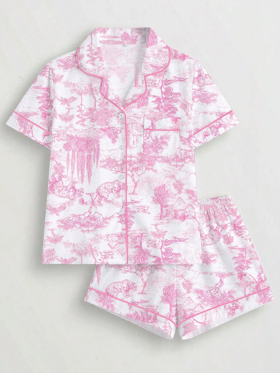 Marira 2pcs Painting Print Women Pajama Set, Short Sleeve Shirt Lapel Button Blouse & Elastic Waist Shorts, Sleepwear For Festivals & Party, Casual Indoor & Outdoor Wear For Women - Pink - View 1