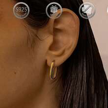 1 Pair Minimalist Elegant 925 Sterling Silver Polished Oval Hoop Earrings, Suitable For Daily, Party, Holiday, Date, Gift - Gold - View 6