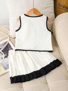 2pcs/Set Girls' Sleeveless Bow Cardigan Top And Pleated Skirt Elegant Outfit, Summer - White - View 2