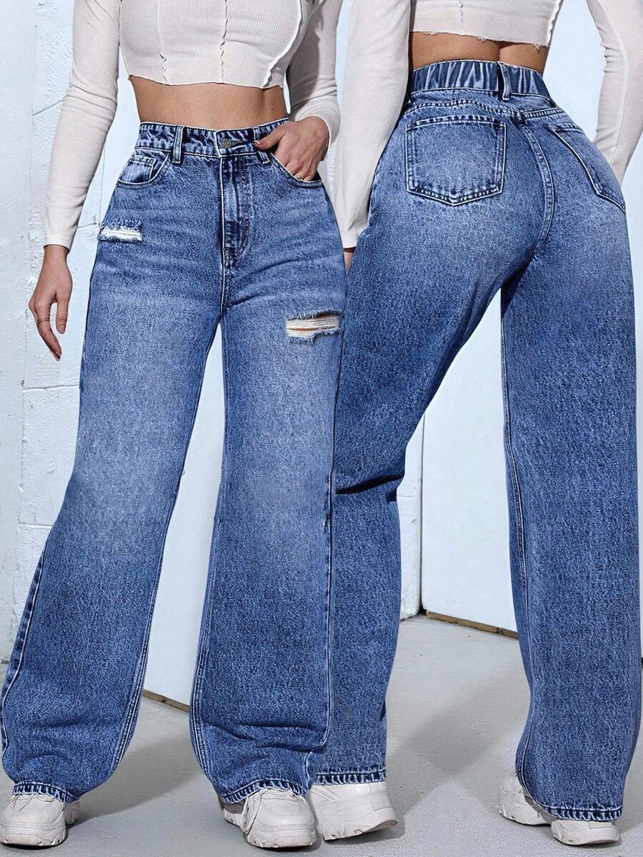 Jeans de pierna recta de talla grande, con detalles desgastados, longitud larga, tela sin estiramiento, para mujer casual de primavera - Azul lavado medio - Ver 1