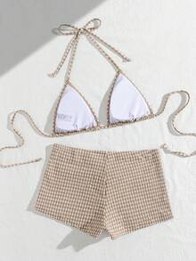 wohenmeili 格子印花挂脖扭结比基尼套装，波西米亚风图案高弹比基尼，女士系带三角泳衣上装和侧系带褶皱丁字裤，沙滩装，特制格子面料女士泳装 - 淺棕白格 - 查看 7