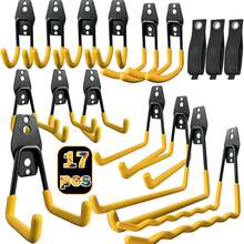 [2025 Upgraded] 17pcs/12pcs/3pcs Heavy Duty Wall-Mounted For Garage Hooks - 100LB Capacity Rust-Proof Utility Steel Hooks For Hanging Bicycles, Ladders, Cables, Mops, Brooms, Power Tools, Gardening Tools, Suitable For Garages, Garden - 黃色 - 查看 1