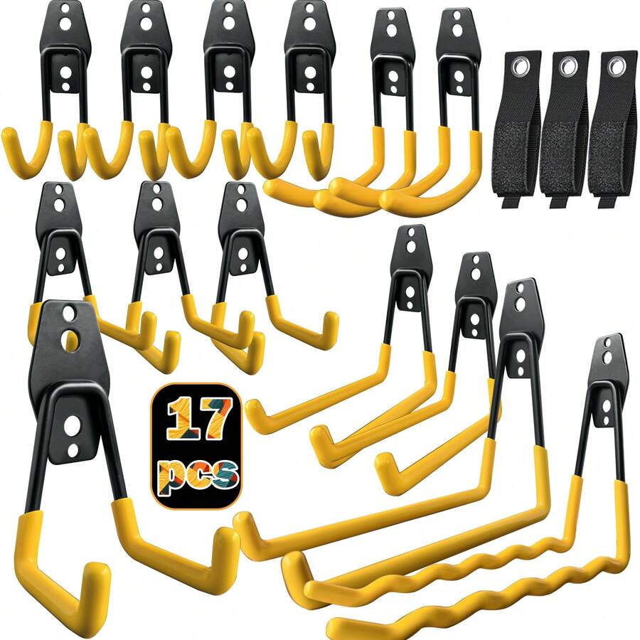 [2025 Upgraded] 17pcs/12pcs/3pcs Heavy Duty Wall-Mounted For Garage Hooks - 100LB Capacity Rust-Proof Utility Steel Hooks For Hanging Bicycles, Ladders, Cables, Mops, Brooms, Power Tools, Gardening Tools, Suitable For Garages, Garden - 黃色 - 查看 1