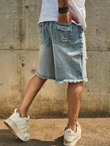 Light Blue Distressed Denim Shorts For Men, Loose Straight Leg Casual Shorts, Summer - Light Wash - View 2